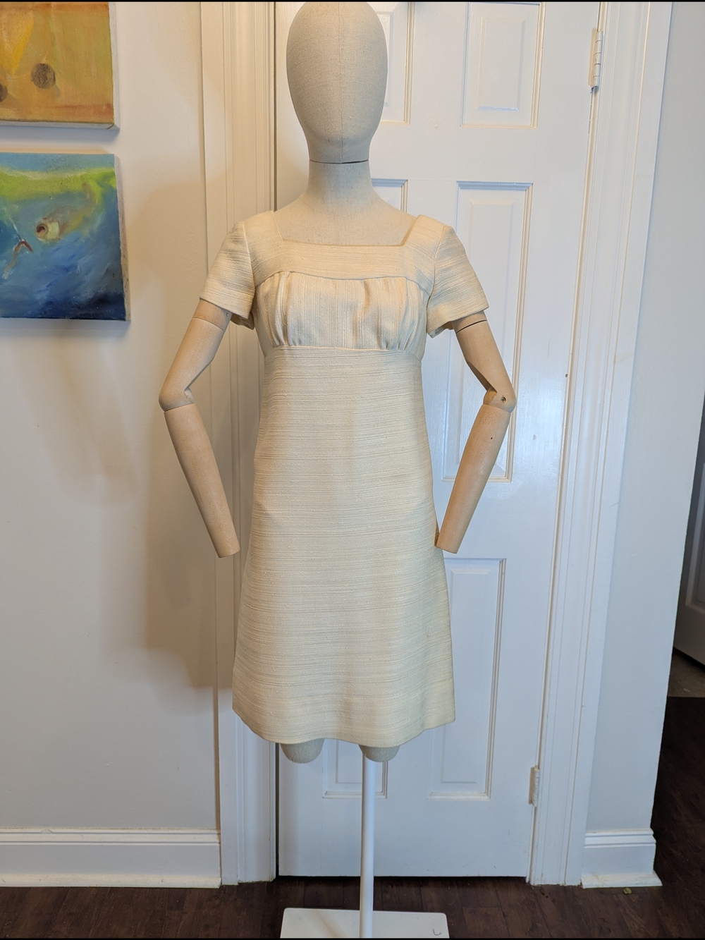 1960s Mod Vintage Parc Jrs Petite Cream Square-Neck Empire Waist Mini Dress